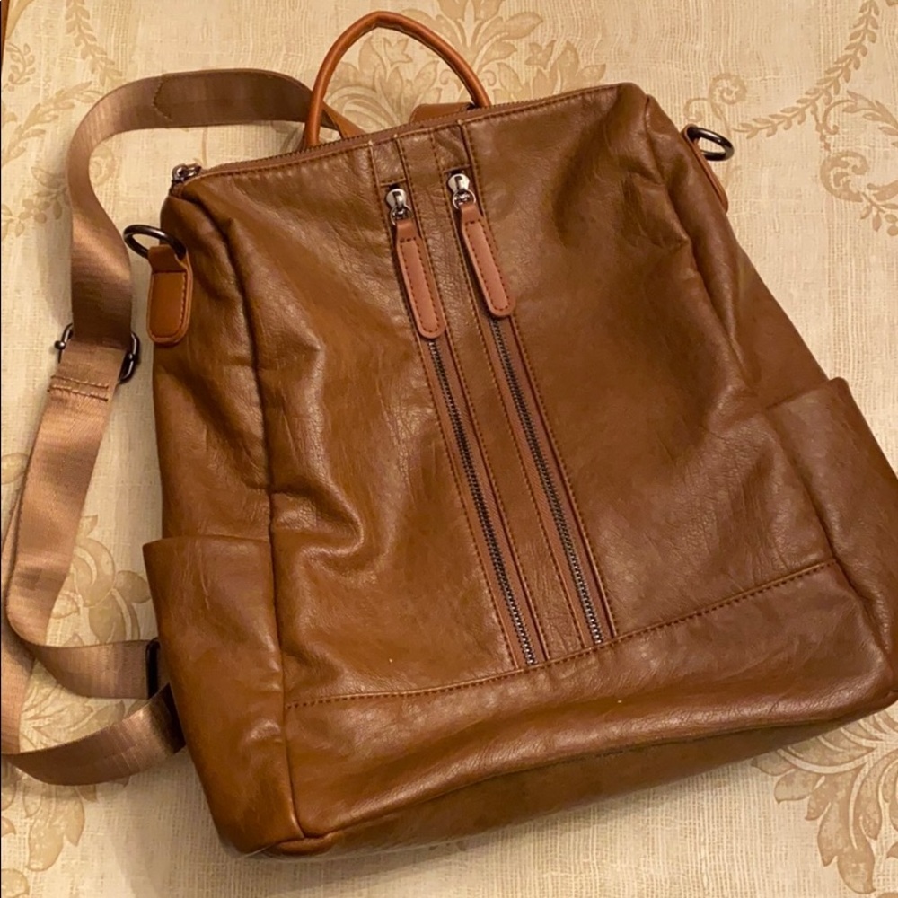 Vintage Vegan Faux Brown Leather Backpack